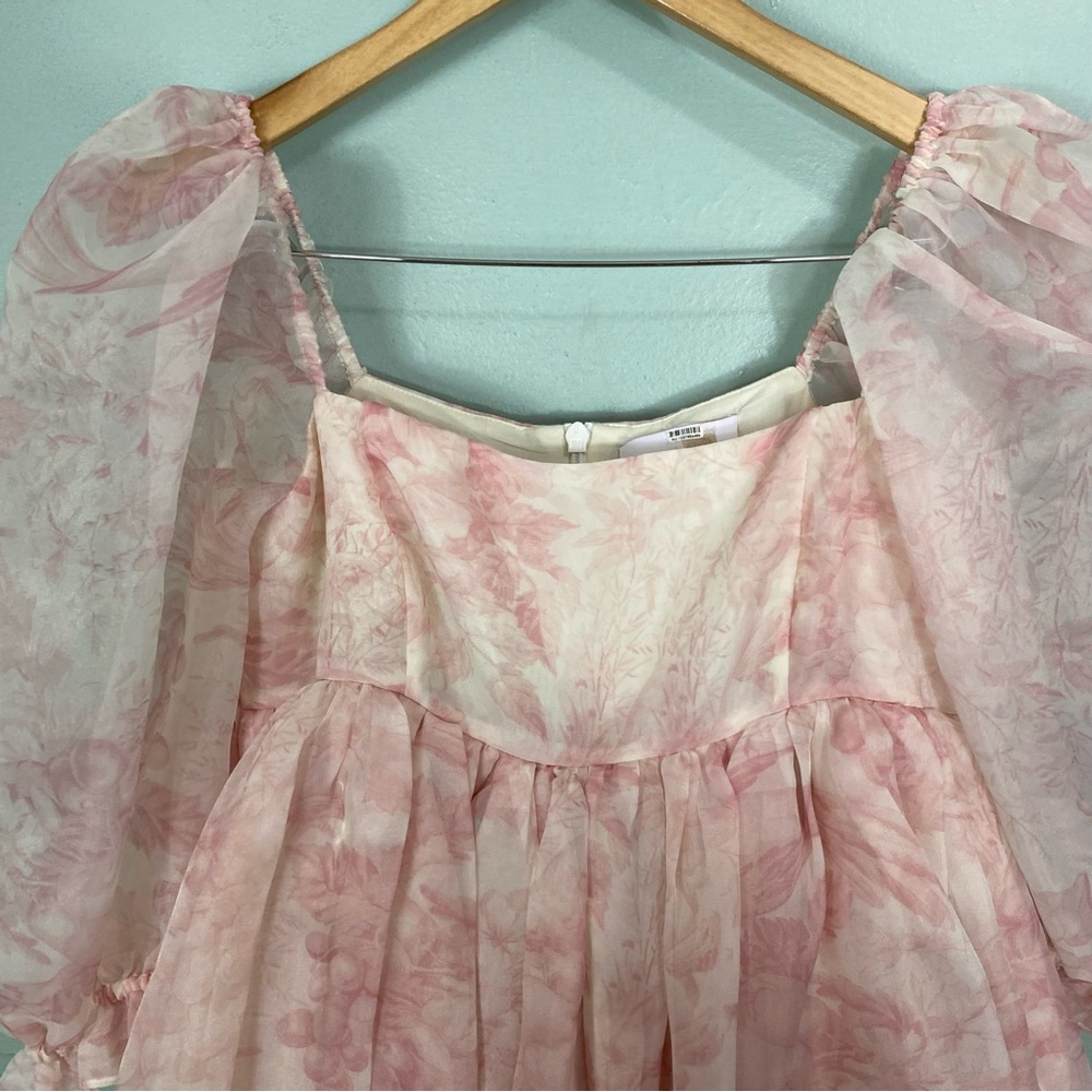 Selkie Puff Sleeve Organza Mini Babydoll Dress Pink Floral Medium - Picture 4 of 10